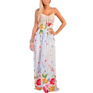 AZZ FASHION WEAR White & Pink Floral Crochet Sweetheart Maxi Dress PTP 15”